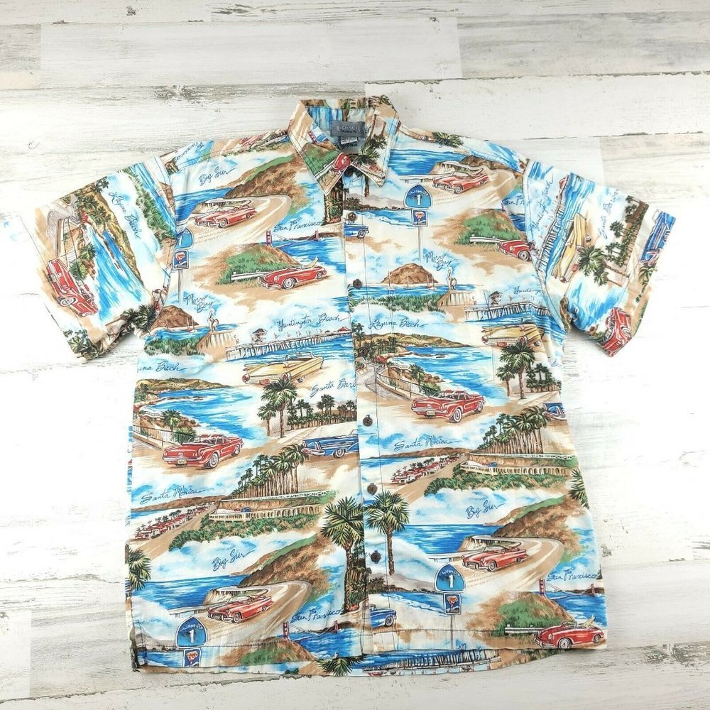 High Seas Trading Co San Diego Landmarks Hawaiian Camp Shirt Men’s Large Beach B
